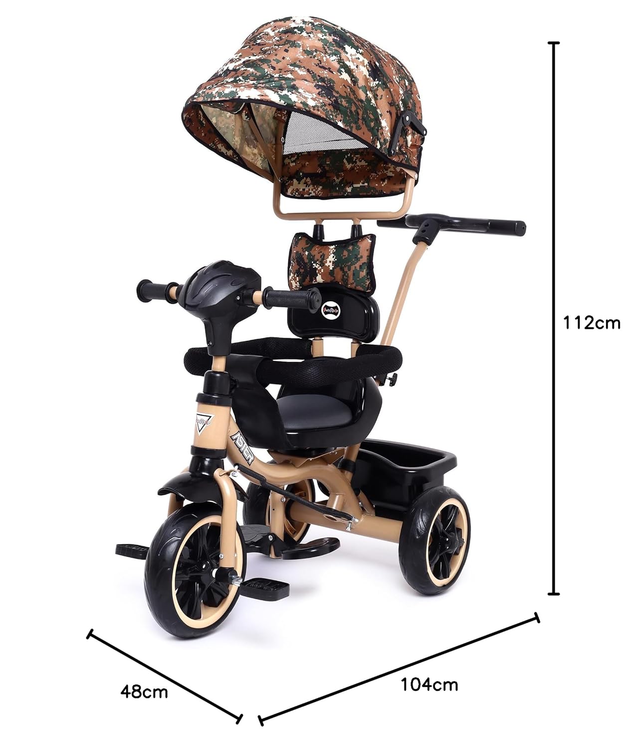 Aster 4-in-1 Musical Trike for Kids in beige and black, with a unique camouflage print sun canopy, convertible design from stroller to tricycle, removable parent push handle, safety harness, footrests, and musical features. Perfect for U SMILE TOYS outdoor play. www.usmile.toys